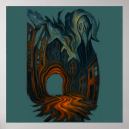 Surreal Dark Cityscape Art Ghostly Figure Painting Poster