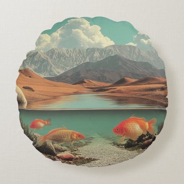 Surreal Desert and Lake with Goldfish Rund Kudde (Framsidan)