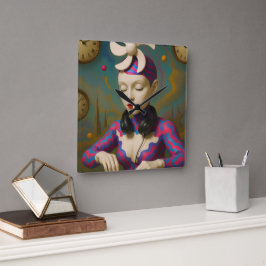 Surreal DJ Girl Psychedelic Futuristic Art Design Fyrkantig Klocka