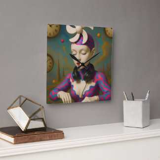 Surreal DJ Girl  Psychedelic Futuristic Art Design Fyrkantig Klocka