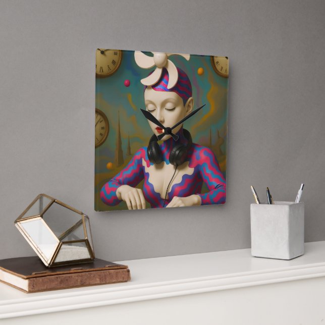 Surreal DJ Girl  Psychedelic Futuristic Art Design Fyrkantig Klocka (Kontor)
