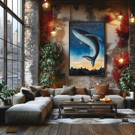 Surreal Dreamscape Fish Flytande över Urban skylin Poster