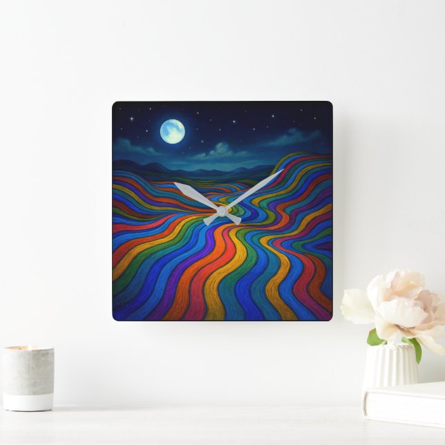 Surreal Dreamscape Moonlight Rainbow Land Fyrkantig Klocka (Hem)
