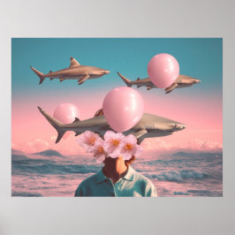 Surreal Dreamscape with Sharks and Balloons Poster
