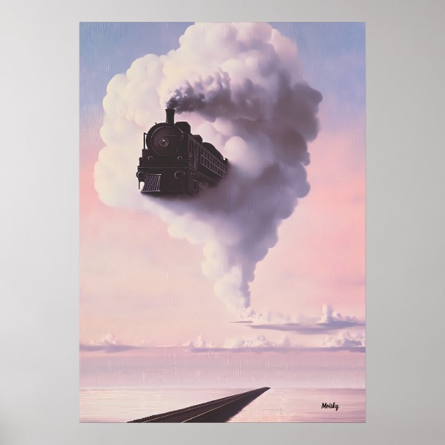 Surreal drömlandschap - Tåg framträder ur moln Poster (Framsidan)