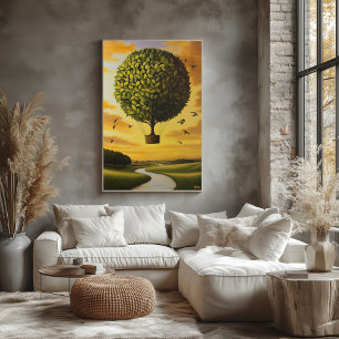 Surreal drömlandskap Träd Ballong Över Lugnt Land Poster