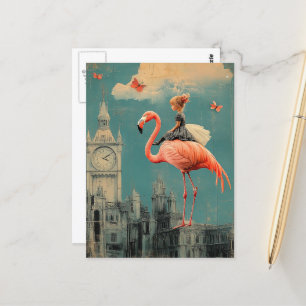 Surreal Fantasy Child Rides on a Rosa Flamingo Vykort