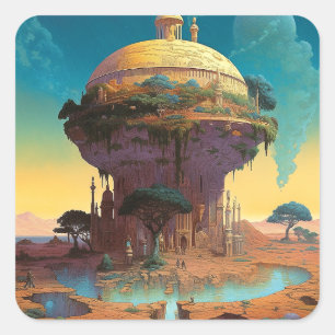 Surreal Fantasy City Fyrkantigt Klistermärke