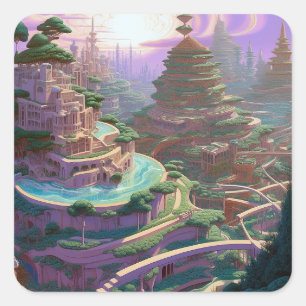 Surreal Fantasy City Fyrkantigt Klistermärke