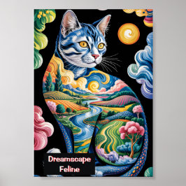 Surreal Färgrik Katt Landskapsmålning Konstnärlig Poster