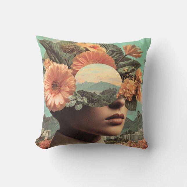 Surreal Female Portrait with Floral Elements Kudde (Framsida)