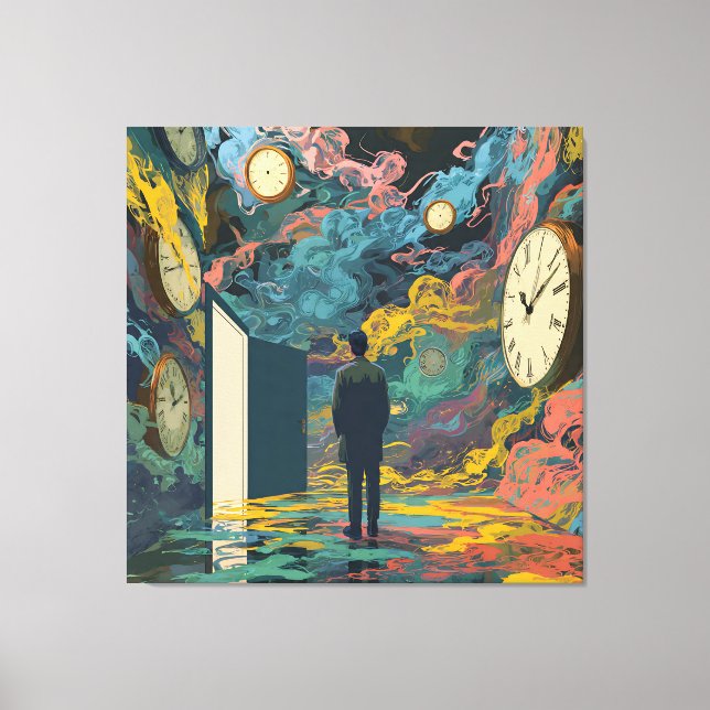 Surreal Figure Room Swirling Clocks Smoke Wall Art Canvastryck (Framsida)