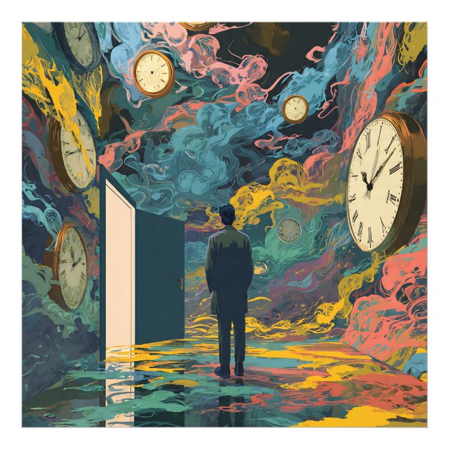 Surreal Figure Room Swirling Clocks Smoke Wall Art Fototryck (Framsidan)
