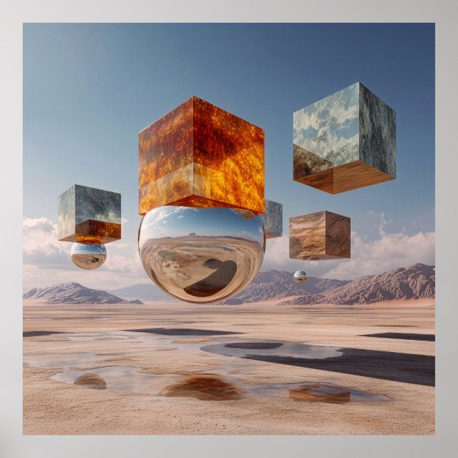 Surreal Floating Cubes And Reflective Sphere Poster (Framsidan)