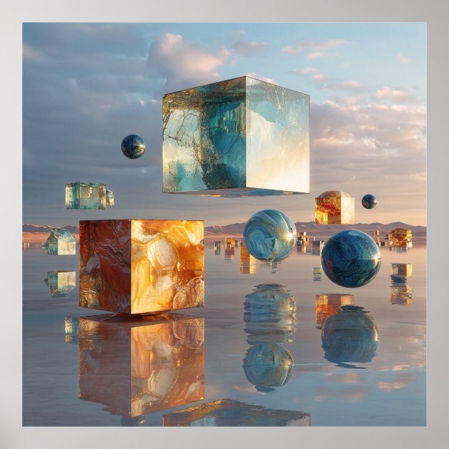 Surreal Floating Cubes And Spheres Poster (Framsidan)