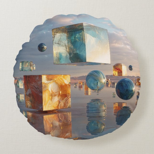 Surreal Floating Cubes And Spheres Rund Kudde (Framsidan)