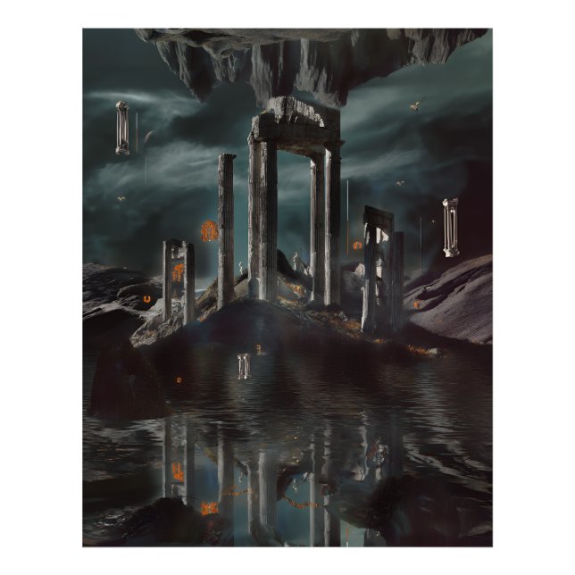 Surreal Floating Ruins Obsidian Pool Fototryck (Framsidan)