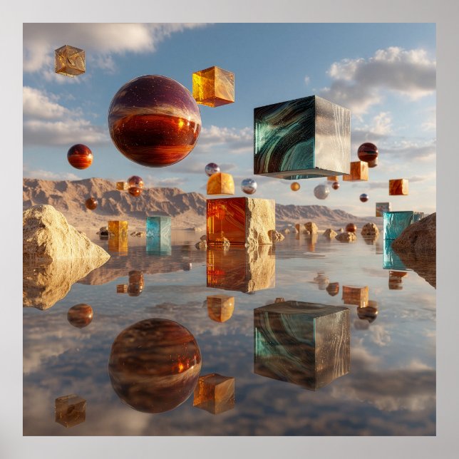 Surreal Floating Spheres And Cubes Poster (Framsidan)