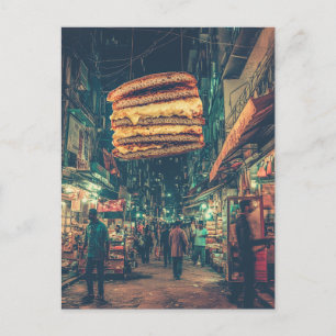 Surreal flytande smörgås ovanför en citygata vykort