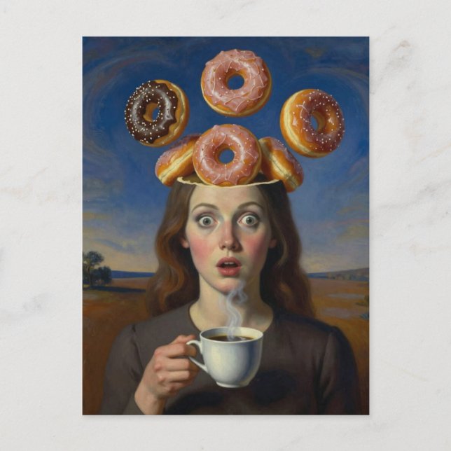 Surreal frukostserie Donuts och kaffe kvinna  Vykort (Framsida)