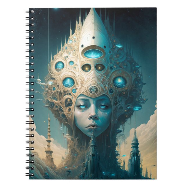 Surreal Futuristiska Alien Woman Lanscape Anteckningsbok (Framsidan)