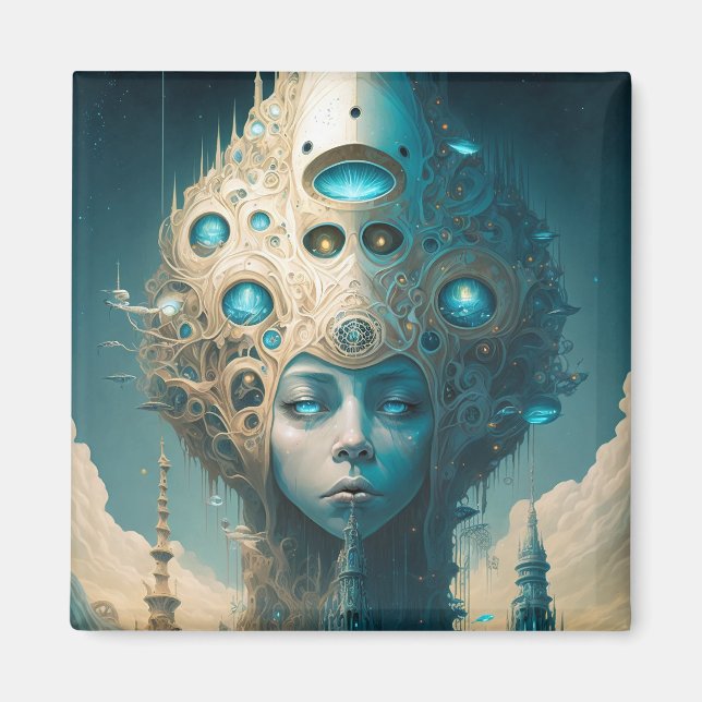Surreal Futuristiska Alien Woman Lanscape Magnet (Framsidan)