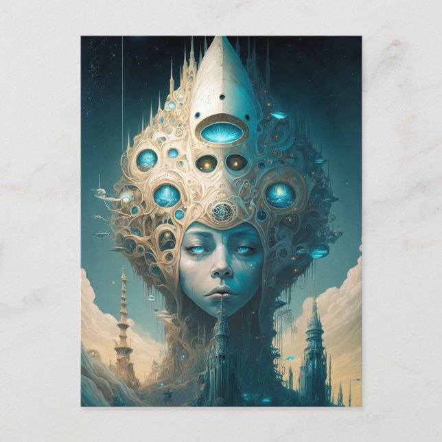 Surreal Futuristiska Alien Woman Lanscape Vykort (Framsida)