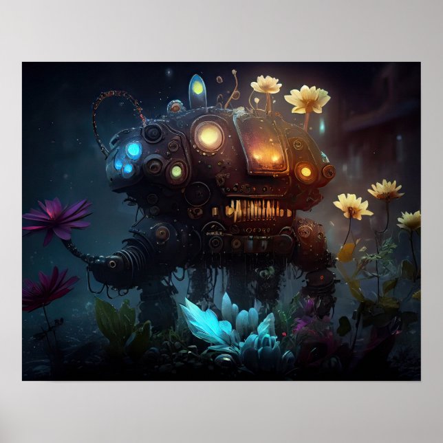 Surreal Futuristiska Flowers Robot Poster (Framsidan)