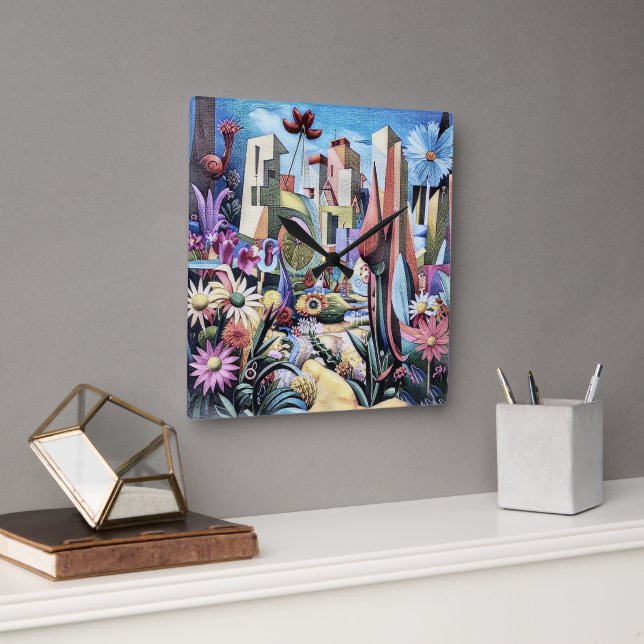 Surreal Garden - Blommigt Illustration design 1 Fyrkantig Klocka (Kontor)