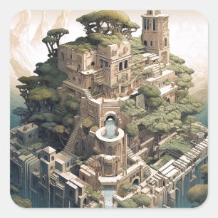 Surreal Geometric City Ligcape Fantasy Art Fyrkantigt Klistermärke