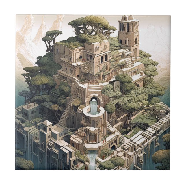 Surreal Geometric City Ligcape Fantasy Art Kakelplatta (Framsidan)