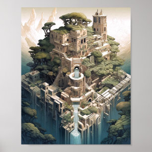 Surreal Geometric City Ligcape Fantasy Art Poster
