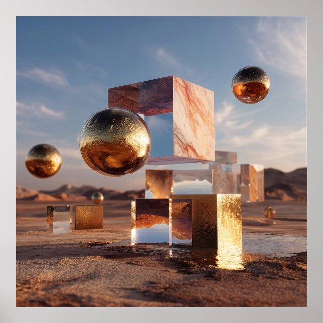 Surreal Geometric Composition With Golden Spheres Poster (Framsidan)