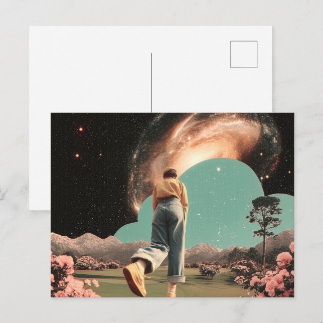 Surreal gestalt som går in i galaxporten vykort (Fram/baksida)