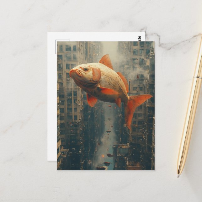 Surreal giant Fish in City Himmel Vykort (Fram/Back In Situ)