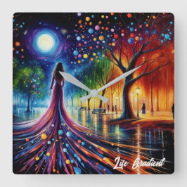 Surreal Girl fantasy moonlight Park rainbow träd Fyrkantig Klocka