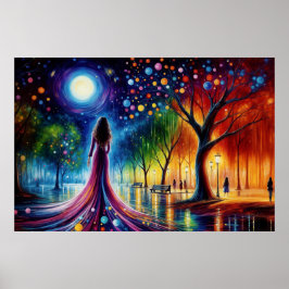 Surreal Girl fantasy moonlight Park rainbow träd Poster