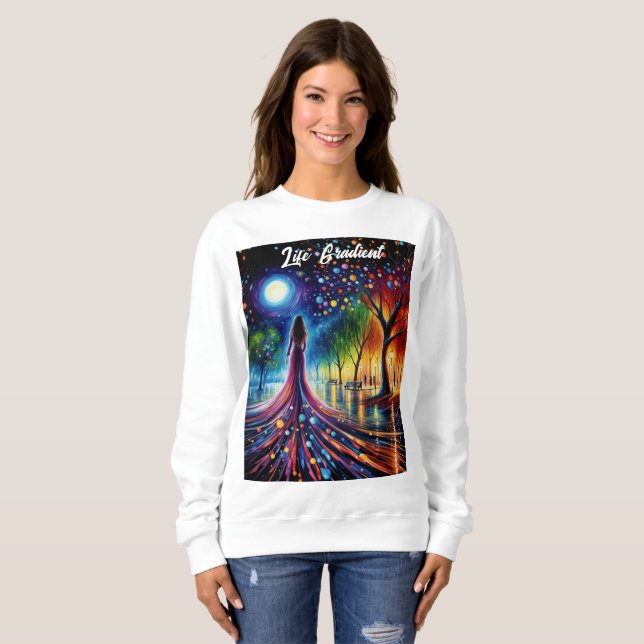 Surreal Girl fantasy moonlight Park rainbow träd T Shirt (Hel framsida)