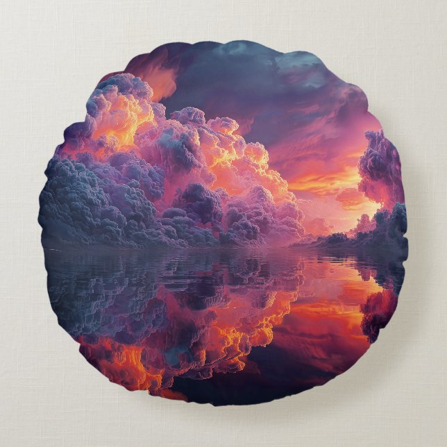 Surreal Glowing Sunset Clouds Reflected In Water Rund Kudde (Framsidan)