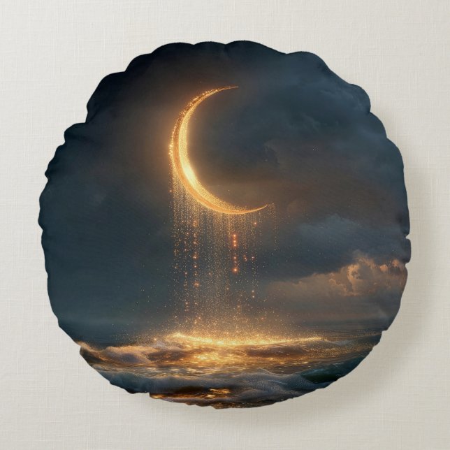 Surreal Golden Crescent Måne över havet Rund Kudde (Framsidan)