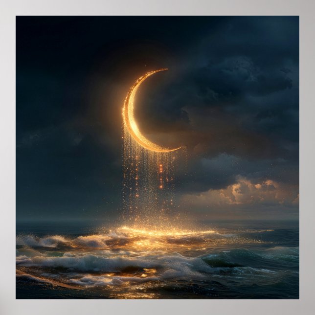 Surreal Golden Crescent Moon Above Ocean Poster (Framsidan)
