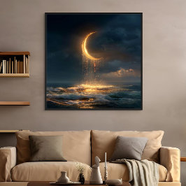 Surreal Golden Crescent Moon Above Ocean Poster