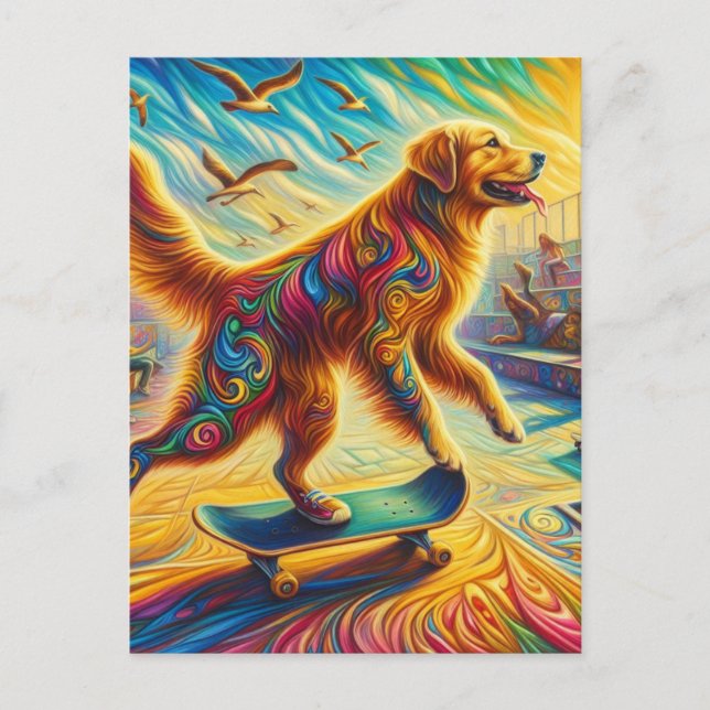 Surreal Golden Retriever Skateboarding Vykort (Framsida)