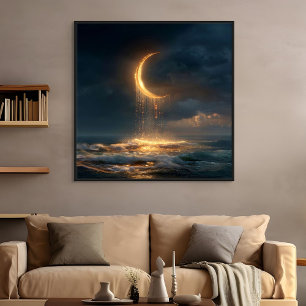 Surreal halvmåne i guld ovanför havet poster