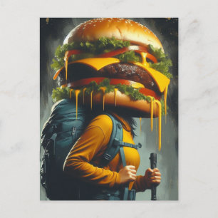 Surreal Hiker Cheeseburger Head Vykort
