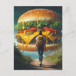 Surreal Hiker Dreaming of Giant Cheeseburger Vykort