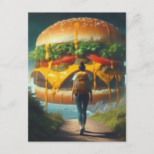 Surreal Hiker Dreaming of Giant Cheeseburger Vykort