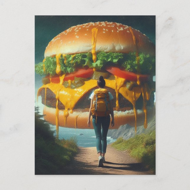 Surreal Hiker Dreaming of Giant Cheeseburger Vykort (Framsida)