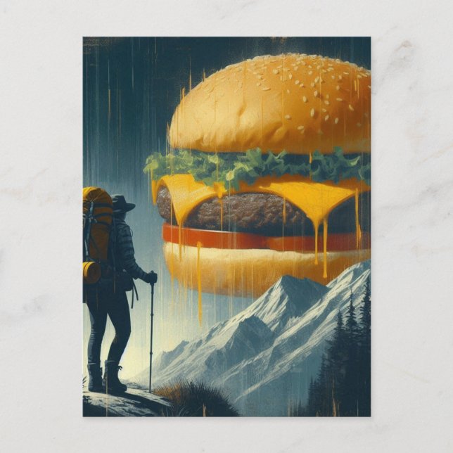 Surreal Hiker Giant Cheeseburger över bergen Vykort (Framsida)