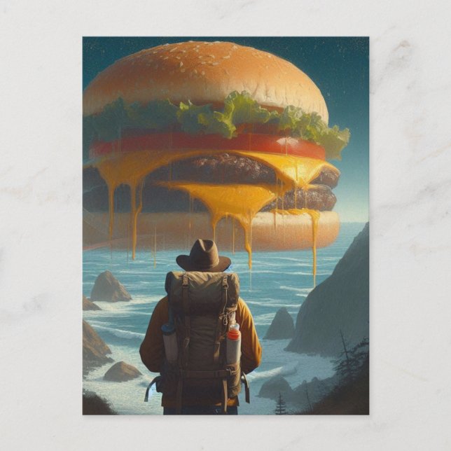 Surreal Hiker Giant Cheeseburger vid Beach Vykort (Framsida)
